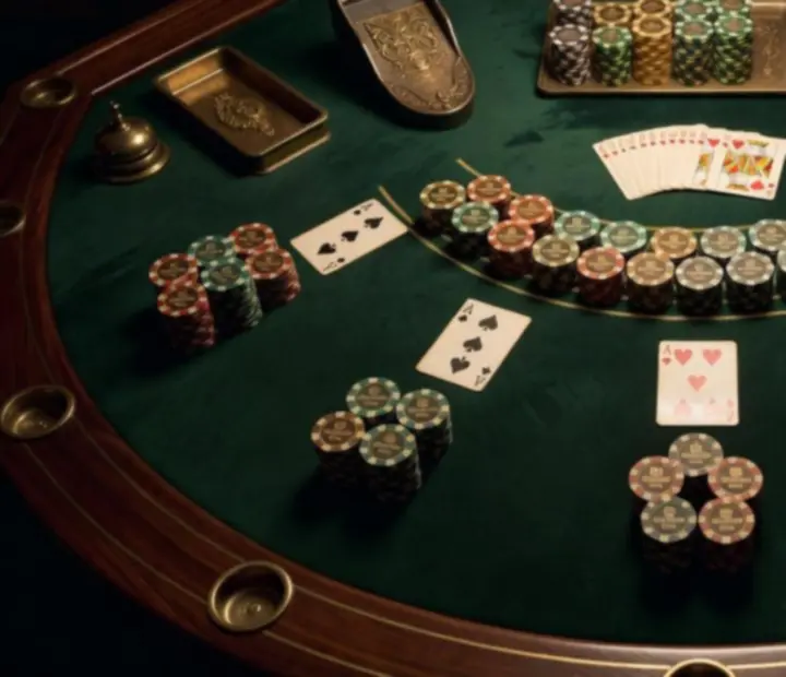 Felülnézeti blackjack asztal sötétzöld filccel és zsetonokkal
