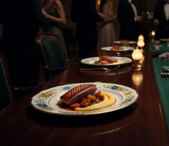 Elegáns, sötét asztalon fine dining fogások, borospoharak és kaszinó zsetonok