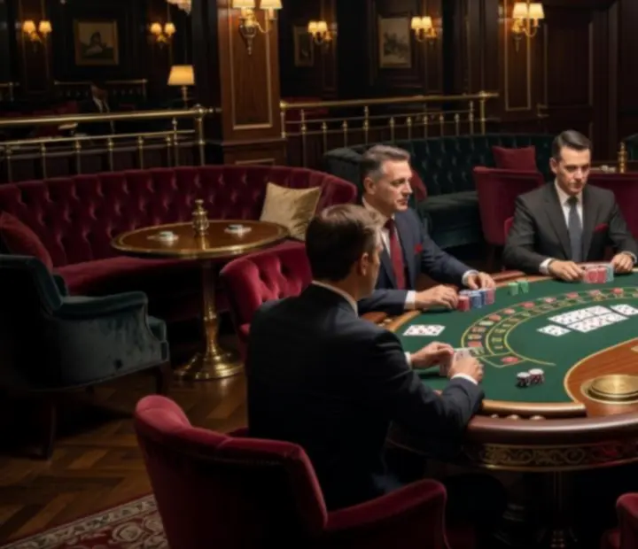Sötét, elegáns magyar kaszinó lounge pókerasztallal, rulettkerékkel és blackjack asztallal