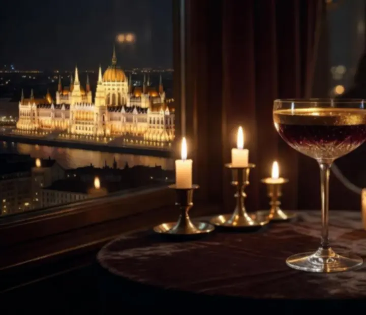 Koktélpohár arany fényekkel Budapest éjszakai panorámája felett